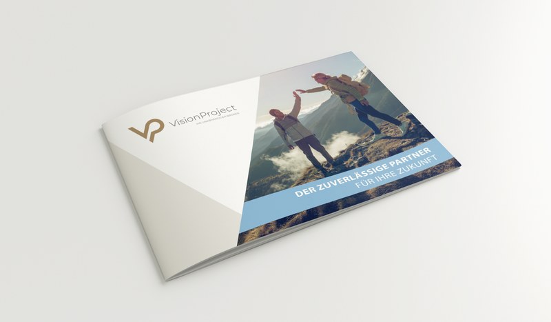 Unternehmensbroschüre von VisionProject als aufgeklapptes A5-Mockup